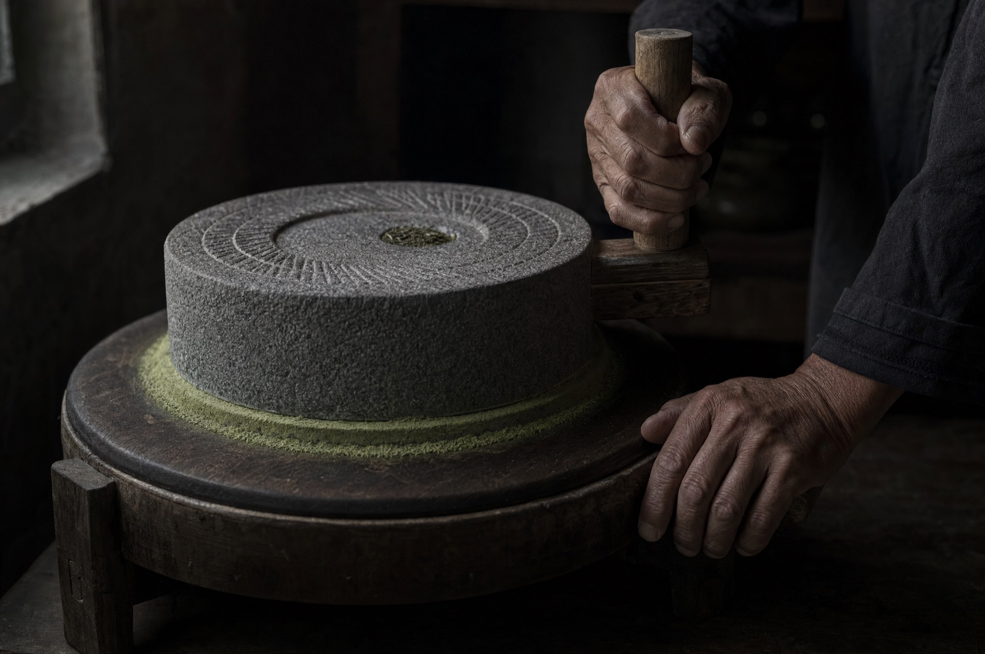 Matcha being ground with a stone mill